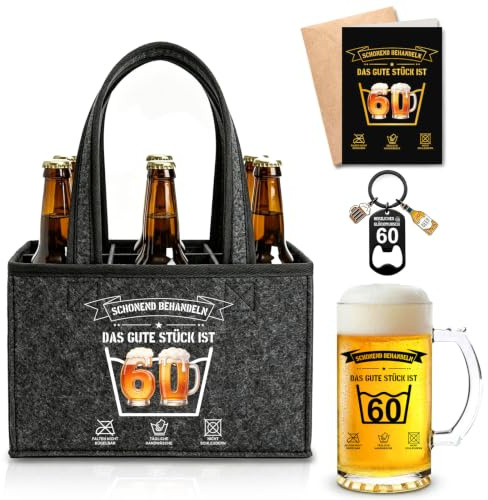 60 geburtstag mann, Männerhandtasche Bier Geschenkset mit Bierkrug 0,5 L | Biertasche,Flaschenöffner Schlüsselanhänger, Karte, Lustige Geburtstagsgeschenk, Bier Geschenke Für Männer Papa Ehemann Opa