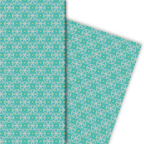 Kartenkaufrausch Liebes Geschenkpapier Set 4 Bogen mit Herz Blumen, türkis, für hübsche Geschenkverpackung zum Einpacken 32 x 48cm, zu Ostern Weihnachten Geburtstag, universal Geschenkpapier