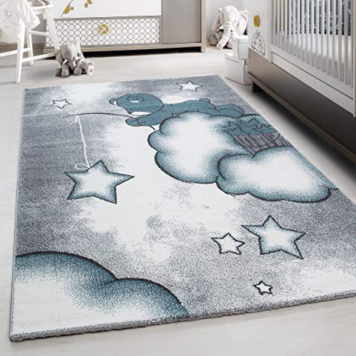 Teppium Kinderteppich für Jungen und Mädchen Bär Muster 160 x 230 cm Blau - Kurzflor Waschbarer Teppich Extra Weich und Antiallergen - Teppich für Kinderzimmer, Babyzimmer und Spielzimmer