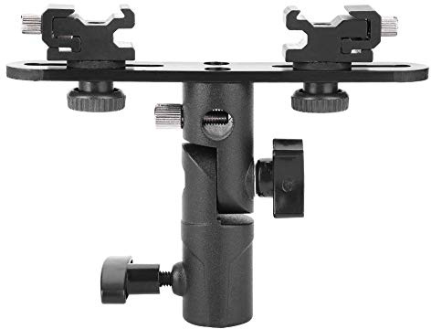 Multipurpose Double Flash Bracket Adjustable Dual Hot Shoe Speedlight Stand Umbrella Holder Lamp Mount 1/4 to 3/8 for Studio Video Camcorder DSLR Camera