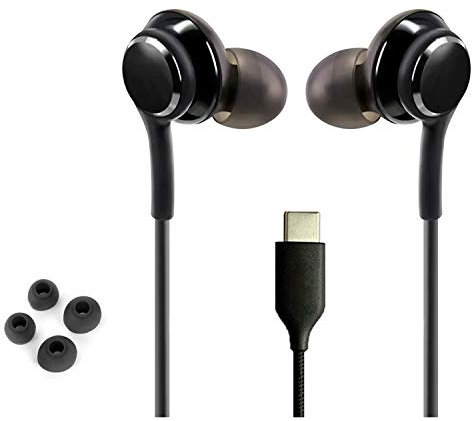 ElloGear Écouteurs stéréo pour Samsung Galaxy Note 10, Note 10+, Galaxy S10, S9 Plus, S10e - DJ Tuned - Câble tressé avec microphone et contrôle du volume à distance - Connecteur de type C - Noir
