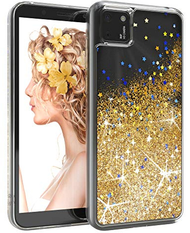 EAZY CASE Hülle kompatibel mit Huawei Y5P Schutzhülle mit Flüssig-Glitzer, Handyhülle, Schutzhülle, Back Cover mit Glitter Flüssigkeit, TPU/Silikon, Transparent/Durchsichtig, Gold