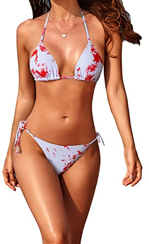 Tainehs Maillot de bain dos nu sexy pour femme, bikini avec haut triangle et string avec attaches à nouer sur les deux côtés, XX-Large