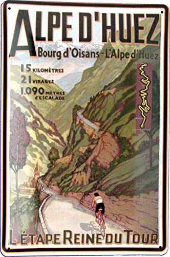 Blechschild 20x30 Alpe D´Huez Berg Etappe Tour de France im Retro Vintage Nostalgie Plakat Design Radsport Sport Rennrad Fahrrad Peloton Frankreich Land Karte