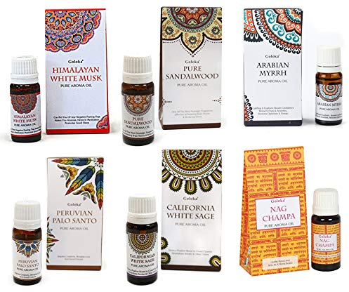 Packung mit 6 Duftölen | Weißer Salbei + Sanitärstab + Sandelholz + Myrra + Nag Champa + weißer Moschus |