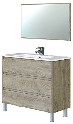PEGANE Meuble de Salle de Bain de 3 Tiroirs + Miroir Coloris Alaska chêne Nordic -Longueur 100 cm x Hauteur 86 cm x Profondeur 45 cm
