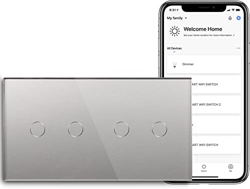 BSEED Interruttore della luce Smart Alexa, in vetro, WiFi Touch, 2 scomparti, 1 via, 1 via, 1 via, 1 via, compatibile con Alexa/Tuya/Google Home, 157 mm x 86 mm, grigio