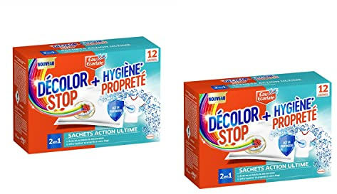 DÉCOLOR STOP Lot de 2 Boîtes 12 (Sachets) Hygiène 2 en1 + détacheur – Anti-décoloration