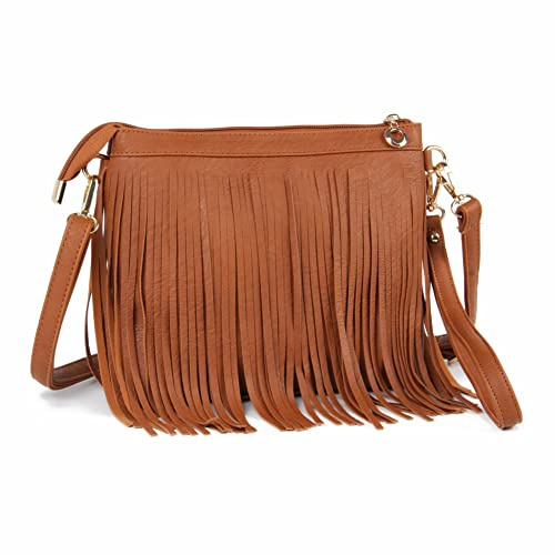 Fecialy Umhängetaschen aus Leder mit Fransen für Damen, Umhängetasche, Messenger-Taschen mit Handschlaufen,Braun
