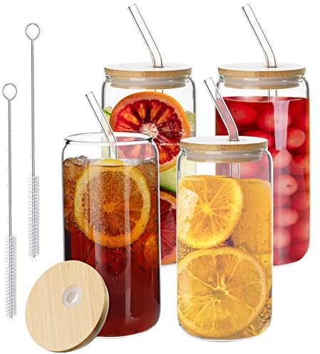 Gunolye 4er Cocktailgläser Set,Trinkgläser mit Abdeckungen und Glasstrohhalmen,500ML Dosenförmige Glasbecher, Biergläser,Bubble Tea Becher,Eiskaffeegläser für Familie, Camping, Party, Bar