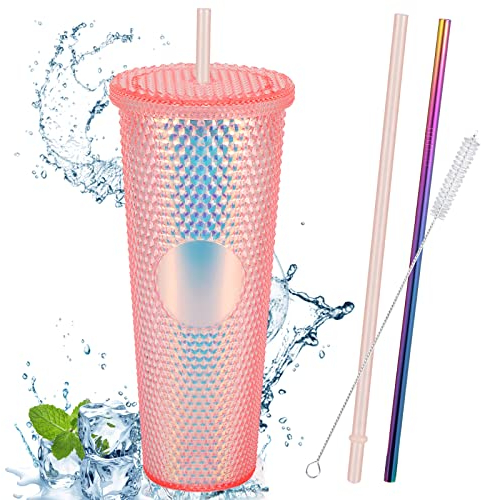 TELANKS Trinkbecher mit Deckel und Strohhalm 710 ml, Plastikbecher mit Deckel und Strohhalm, Tumbler Cup, Wiederverwendbarem Doppelwandiger Plastik Nieten Becher