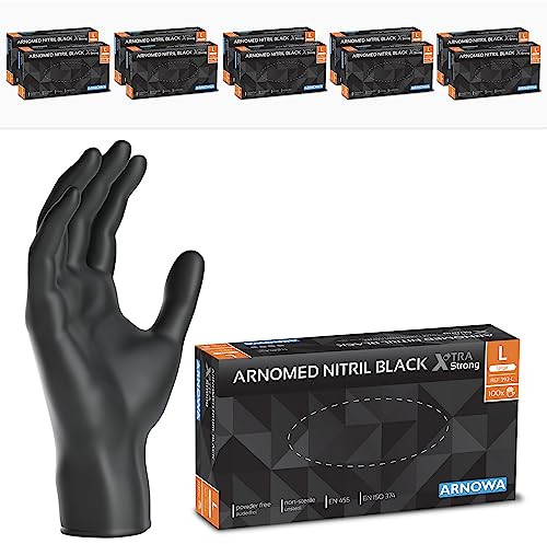 ARNOMED Gants jetables noir extra fort, gants nitrile taille L, 50% plus épais, 1000 pièces, gants jetables non poudrés, gants en nitrile mecanique sans latex, gant jetable en tailles S, M, L & XL