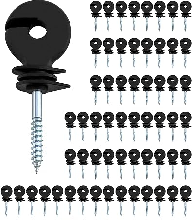QWORK® 60Pcs Electric Fencing Ring Insulators, Wire Mesh Ring Insulator, Wooden Post Insulator Screw-in, for Ropes, Wires and Strands.
