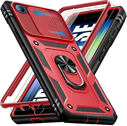 Giyer für iPhone SE 2022/2020 8 7 Hülle mit Schutzfolie, Handyhülle für iPhone 8 mit Kameraschutz 360° Metall Ring Ständer Stoßfest Bumper Schutzhülle für iPhone SE Case Cover Tache (Rot)
