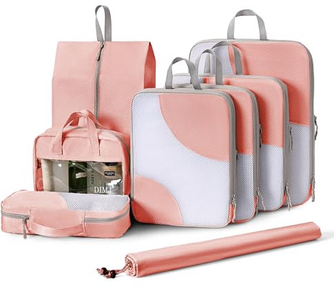 DIMJ Compression Packing Cubes for Backpack, 8 Pack Waterproof Suitcase Organiser Bags for Travel, Luggage Organizer, Double Zipper, Nylon Material, Pink
