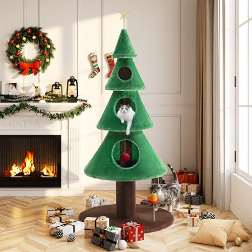 Allewie 63 Inches Indoor Cat Tree - 5ft Tower with 3 Condos, Christmas Party Decoration, Activity Center, Play House and Beds - Green