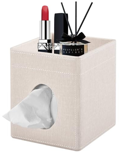 XNONE Porta Fazzoletti Quadrato,PU Pelle Scrivania Organizer per Fazzoletti per il Viso,con Vassoio Portaoggetti per Bagno,Camera da Letto,Ufficio,Auto,Elegante Controsoffitti Organizer,Beige