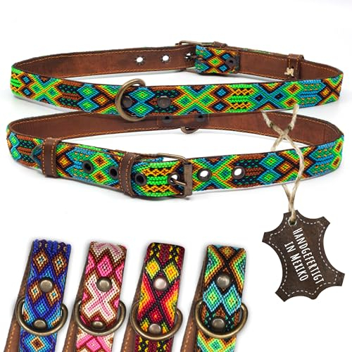 ALTEZAR Hundehalsband Leder - braunes Rindsleder Tribal Grün/Braun/Beiges durchgehend Bestickt - Handgemacht in Mexiko Lederhalsband Hund - Größe XL - für sehr große Hunde