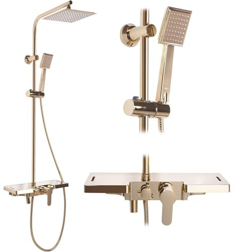 Rea Duschsystem Bravo Gold Duschset Duscharmatur mit Duschkopf und Kopfbrause aus Messing Duschgarnitur für Badezimmer (gold)