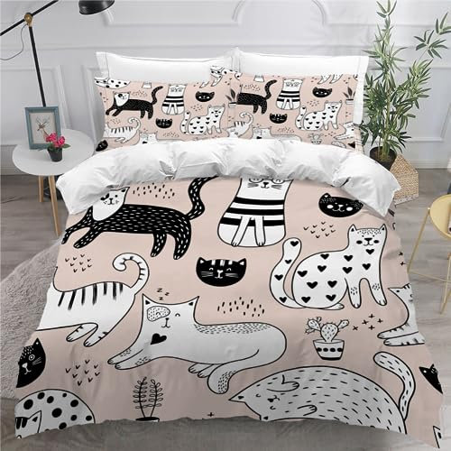 ViriVi Bettwäsche 200x200 3 teilig Bettbezug-Cartoon-Tiere Bettwäsche-Sets 200x200 Mikrofaser mit 2 Kissenbezüge 80x80cm,Bettwäsche Set Muster Katze für Doppelbett mit Reißverschluss
