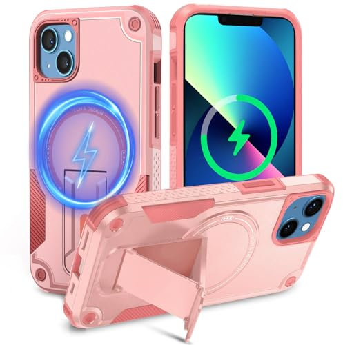 Tuvror Magnetisch Hülle für iPhone 13 / iPhone 14 Hülle mit Ständer, [Kompatibel mit MagSafe] Integrierter Ständer, Militärischer Fallschutz,Handyhülle für iPhone 13/ iPhone 14, (Rosa)