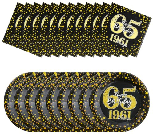Vintage 1960 65th Birthday Party Supplies - 120 PCS Black Gold Tableware Set for 60 Guests Includes 60 Napkins & 60 Plates - Disposable Happy 65th Birthday Decorations, Elegant Celebration Essentials