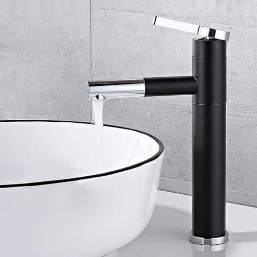 Badezimmer-Waschtischarmatur mit herausziehbarer Brause, 1 Loch, 360° drehbar, Waschtischarmatur, Messing, Warm- und Kaltwasserhahn, Schwarz + Chrom, hoch Chaser of Light