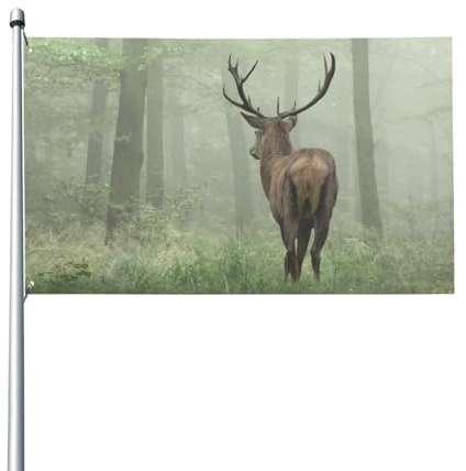 90 x 60 cm (3 x 2 Fuß) Hirsch im nebligen Herbst, Waldflagge für Haus, Rasen, hängende Dekoration, Hofbanner, Urlaub, Willkommensflaggen mit 2 Metallösen, für drinnen und draußen
