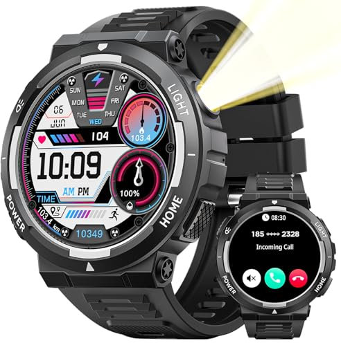 JELLOO Militär-Smartwatch für Herren (Annehmen/Tätigen von Anrufen), 3 ATM wasserdicht, LED-Taschenlampe, über 100 Sport-Modi, taktische Smartwatch mit Herzfrequenz-SpO2-Schlafmonitor für iOS und