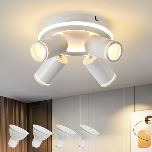 Deckenleuchte 4 Flammig LED,Schwenkbar 350° Rund Deckenstrahler,Deckenlampe mit unteres Glühen 22W+4x5W GU10 Spots,Modern Deckenspot Strahler 3000K Warmweiß,Spotlight Lampe für Wohnzimmer,Küche,Weiß