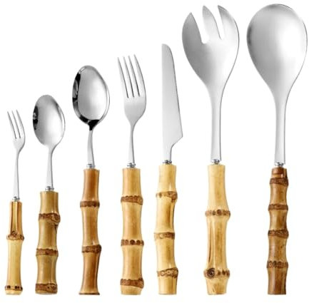 Juego de 7 piezas de vajilla de acero inoxidable con mango de bambú, multifuncional, cuchara, tenedor, cubiertos para el hogar, restaurante, fiesta, color plateado