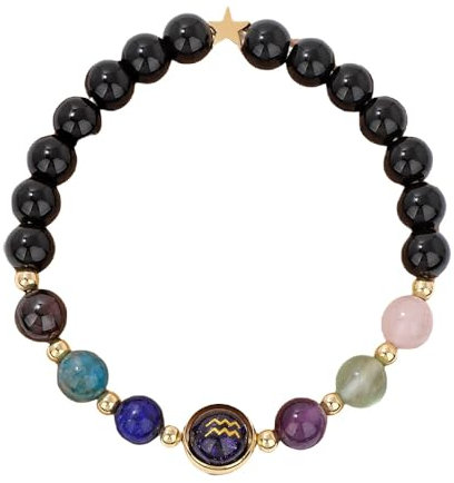 GMVVAC Kristall Armband, Armbänder Mit 7 Chakras Aus Natürlichem Edelstein, Perlenarmband Mit Obsidian Im Sternbild Wassermann Mit 12 Sternbildern, Glücksbringer, Stretch-Armband Für Da