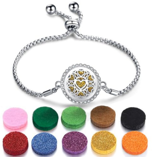 SIXDUTON Armband für Damen Frauen, Verstellbares Edelstahl Lebensbaum Aromatherapie Armbänder mit Farbigen Filzpads (Blütenblatt B) (Herzförmiges B)