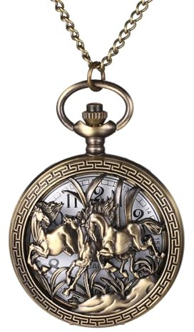 JewelryWe Vintage Pferde Taschenuhr mit Kette: Herren Damen Analog Quarz Kettenuhr Retro Bronze Galoppierende Pferde Skelett Uhr Anhänger mit Halskette Pocket Watch Geschenk