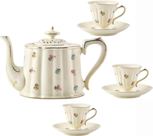 Elegant Bone China Tea Set for Adults Pink Porcelain Coffee Cups and Saucers with Old Country Roses Teapot 7 Piece Set