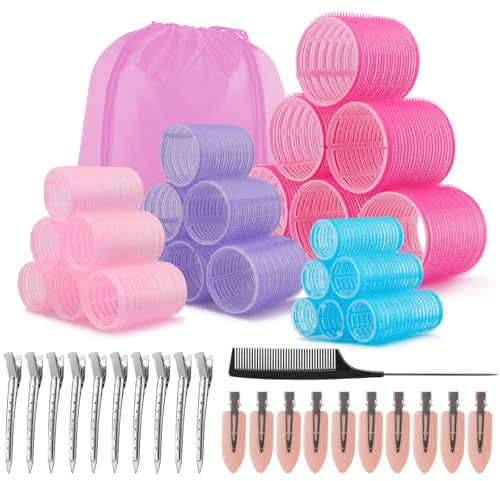 Selutiya 54 Lockenwickler Set, Hair Rollers Mit 4 Größen,Hair Roller mit Aufbewahrungstasche,Hair Rollers für Lange, Mittlere & Kurze Haare, verschiedene Lockenund Volumen 60 48 36 25 mm