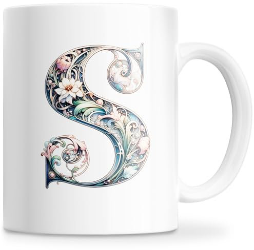 Tazza personalizzata con lettera iniziale del nome - Tazza in ceramica 350 ml con motivo floreale, regali originali per donne, mamma, amici, lavabile in lavastoviglie e forno a microonde (S)