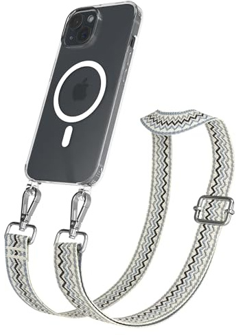 EAZY CASE Handykette - Verstellbares Taschenband kompatibel mit iPhone 15, Schulterriemen, Handykordel mit Silikon Hülle, Qi Charging kompatibel, Umhängetasche, Beige Blau Silber