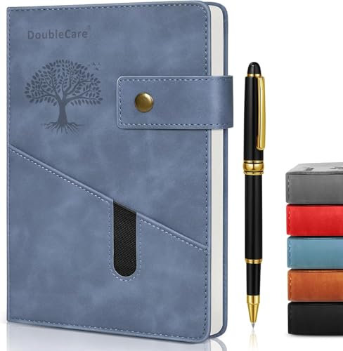 DoubleCare Notizbuch A5 Liniert, Hardcover Leder Tagebuch Mit, Mit Stift und Tasche, 100 GSM Dickes Papier zum Schreiben, Geeignet für Jungen und Mädchen, Schule, Büro, 21,3×14,6cm, Blau