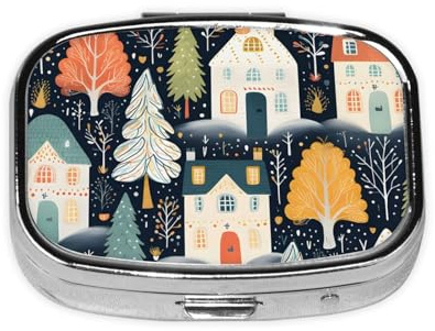Pill Box 2 Compartment Winter Tree House Illustration Tablet Box with Mirror Small Pill Organiser for Purse or Pocket Vitamin Organiser