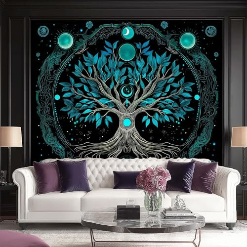 Papier peint panoramique autocollant Intissé 250 x 175 cm Poster Mural Géant en L'Arbre De Vie Mystérieux Impression 3D, Décoration Murale pour Salon, Chambre d’Enfants, Restaurant Bleu Vert Noir