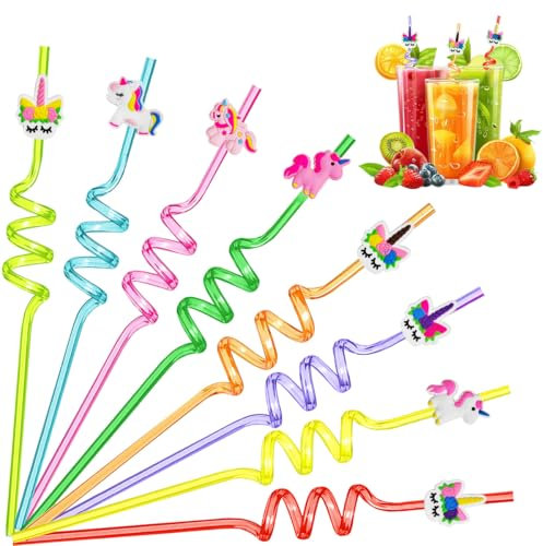 Strohhalm Kinder, 8 Stück Cartoon Kinder Strohhalme, Wiederverwendbare Lockige Kunststoff Strohhalm, Trinkhalme Plastik Kinder für Geburtstagsdeko Party Mitgebsel Deko