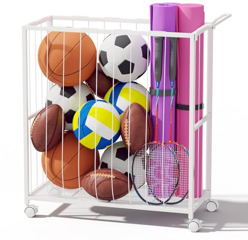 Homsorout Ball Storage Bin Rolling Sports Ball Cart, White | Metal Garage Organizer Sport Rack, Ball Basket Storage, Toys Cage for Garage or Gym, Indoor & Outdoor Sports Equipment