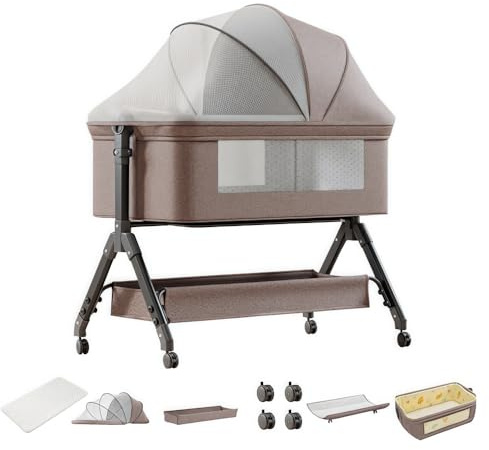Dziranam Cuna Mecedora 3 en 1 con Ruedas con Freno y Colchón Ajustable | Diseño convertible para colecho, equipado con mosquitera protectora contra insectos