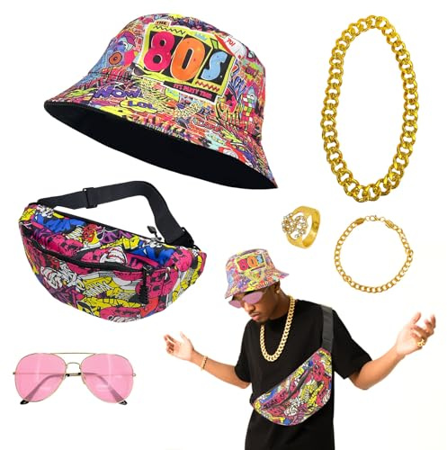 Xerteam 80er 90er Jahre Accessoires, Kostümzubehör mit Wendbarem Graffiti-Fischerhut, Umhängetasche, Armband aus Unechtem Gold, Dollarzeichenring, Sonnenbrille, Perfekt für Hippies Rapper Mottoparty
