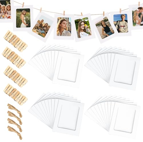 OMJMYY Fotogirlande 11,5x15,5 cm mit 40 Holzklammern und 4 Hanfseilen, Weiß | Karton Fotorahmen, Für DIY Geburtstag Hochzeit Party Wand