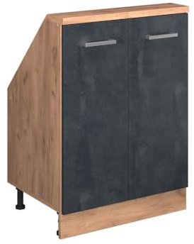 Vicco Küchenschrank für Dachschrägen R-Line, Schwarz Beton/Goldkraft Eiche, 60 cm mit 2 Türen