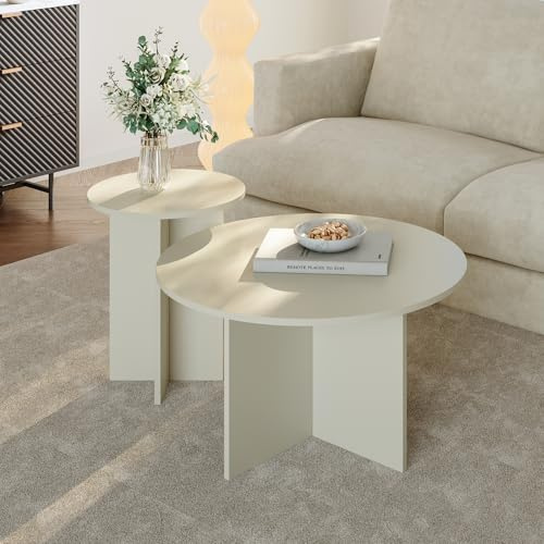 [en.casa] Beistelltische für Wohnzimmer 2er Set Verummetka Couchtisch rund Wohnzimmertische klein Sofatische Sandfarben
