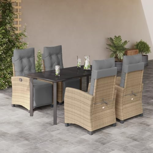 QJBSAVVA 5-TLG. Poly-Rattan-Gartenset, höhenverstellbare Liegen, Beistelltisch aus Glas, 160×80×74 cm, Beige
