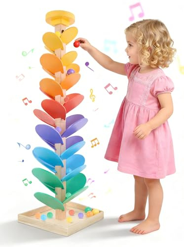 Azazaza Montessori Sound Tree, Wooden Rainbow Marble Run Ball Drop Toy for Toddlers, Montessori Colour Cognition Musical Sensory Educational Learning Gift for Kids Boys Girls 3 4 5 6 7